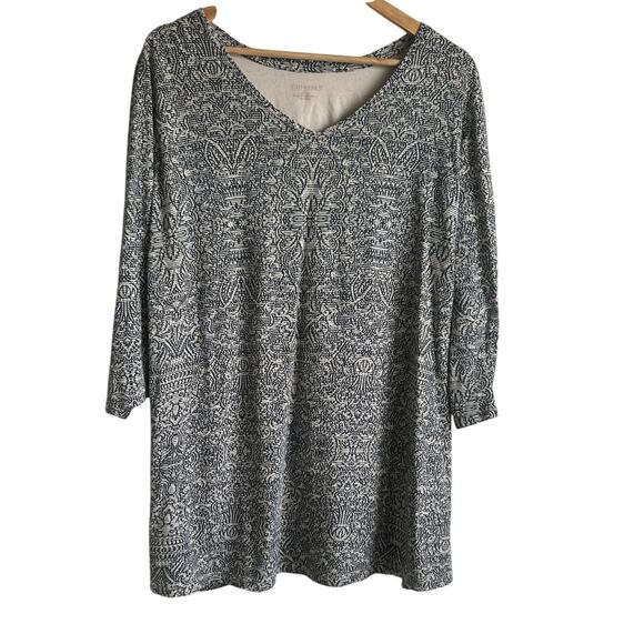 Catherines Women Tunic Top 2X Black Abstract Stretchy Knit Whimsy Boho‎ Office - Picture 1 of 7